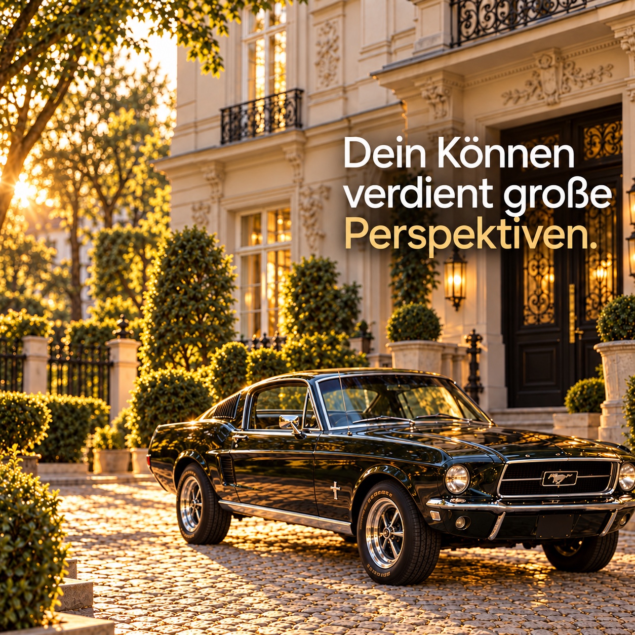 Schwarzer klassischer Mustang vor einer Berliner Gründerzeitvilla. Die Bildbotschaft lautet: Dein Können verdient große Perspektiven.